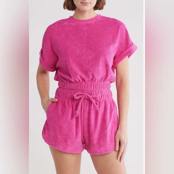 Elan Terry Cloth Matching Set Elastic Hem Crop Top Drawstring Shorts Hot Pink XS - Picture 1 of 10